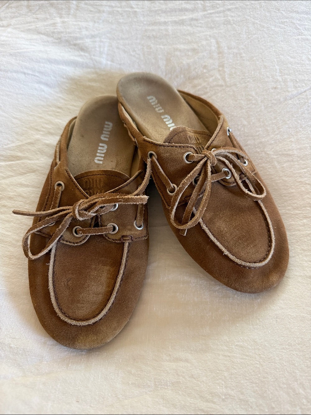 Miu Miu Brown Suede Lace-Front Mule Loafers
